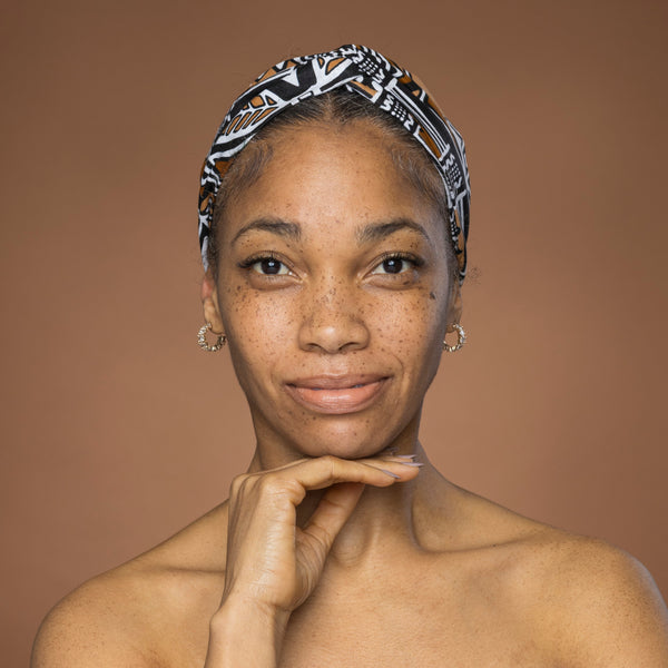 African print Headband - Adults - Hair Accessories - Brown Beige Bogolan Symbols