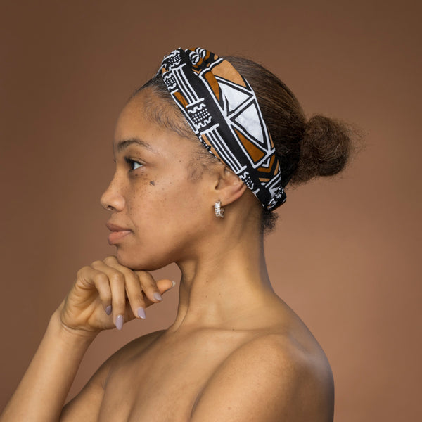 African print Headband - Adults - Hair Accessories - Brown Beige Bogolan Symbols