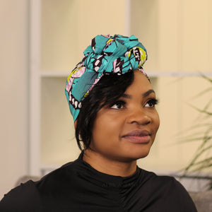 African headwrap - Turquoise pink flowers