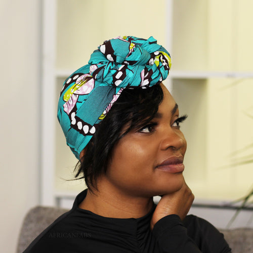 African headwrap - Turquoise pink flowers