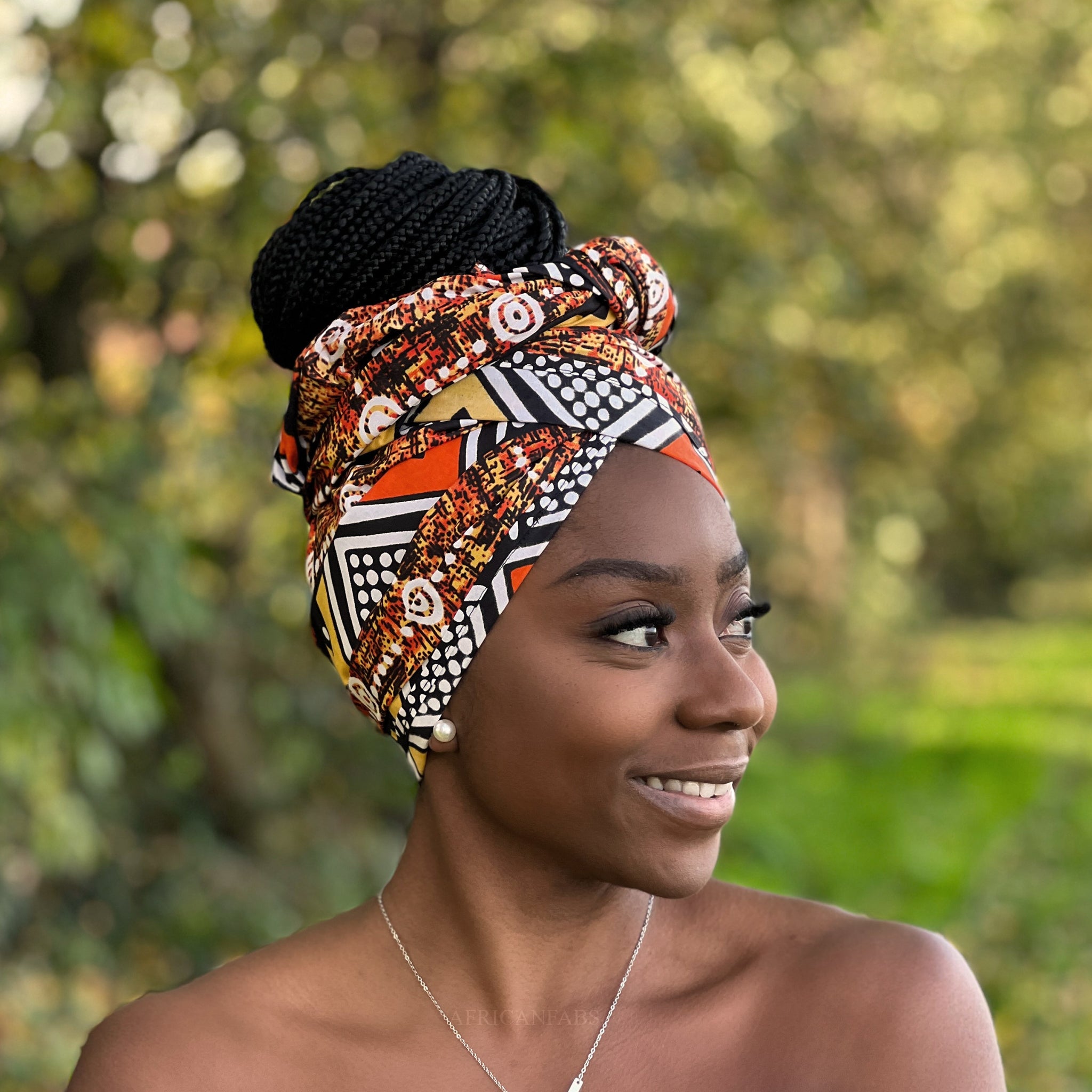 African Brown / orange bogolan / mud cloth headwrap
