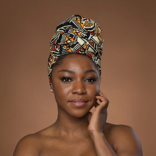 African headwrap - Red Orange Bogolan Symbols