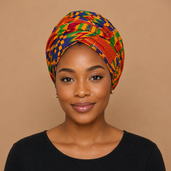 African headwrap - Yellow Blue Kente Print Ghana