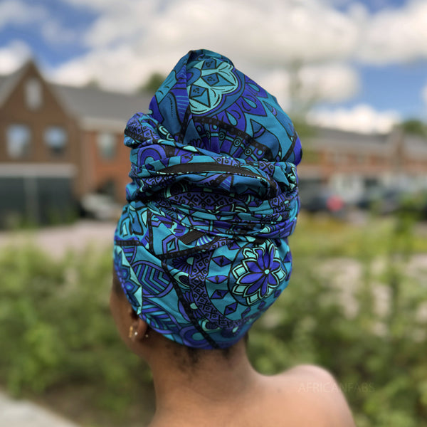 African headwrap - Blue & Turquoise Mandala Patchwork