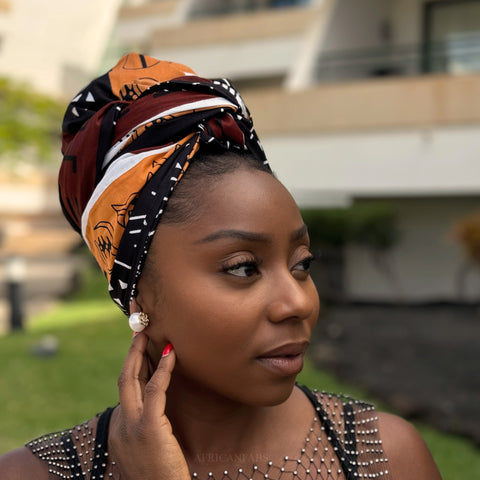 African Brown Bogolan Symbols headwrap