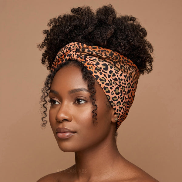 African headwrap - Orange Beige Leopard Spots