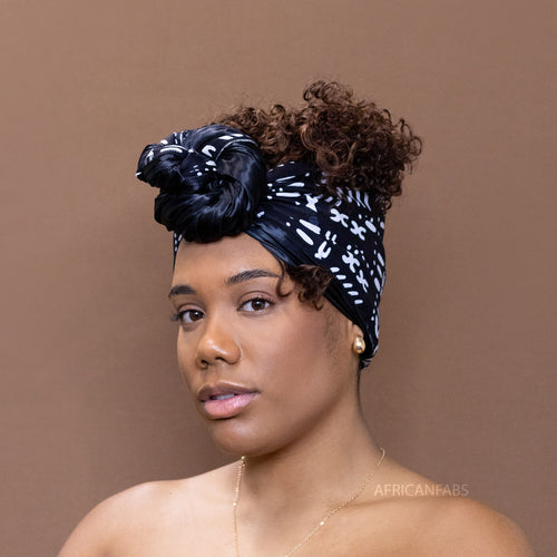 African Satin Lined headwrap / Black / white Bogolan