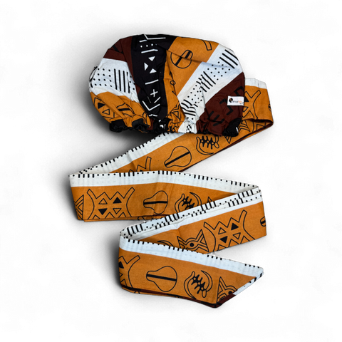 Easy headwrap - Satin lined hair bonnet - Brown & Yellow-Orange Kuba Blocks