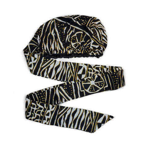 Easy headwrap - Satin lined hair bonnet - Black Yellow Ndop Cameroon