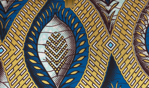 African Wax print fabric - Blue Gold Ancient Leaf Geometry - Special effect Brillant Platinum Edition