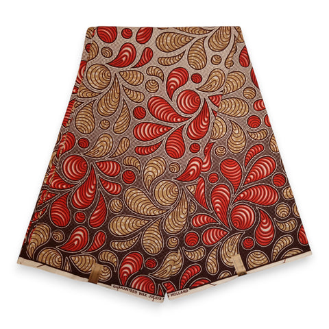 African Wax print fabric - Red and Beige Desert Leaf Swirls - 100% cotton