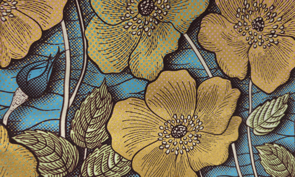 African Wax print fabric - Blue Gold Vintage Garden Bloom - Special effect Brillant Platinum Edition