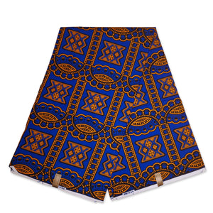 African Wax print fabric - Blue / Orange ancient