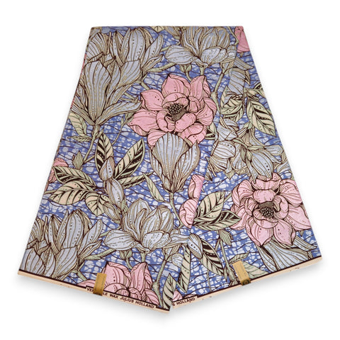 African Wax print fabric - Pink Flowers - Special effect Brillant Platinum Edition