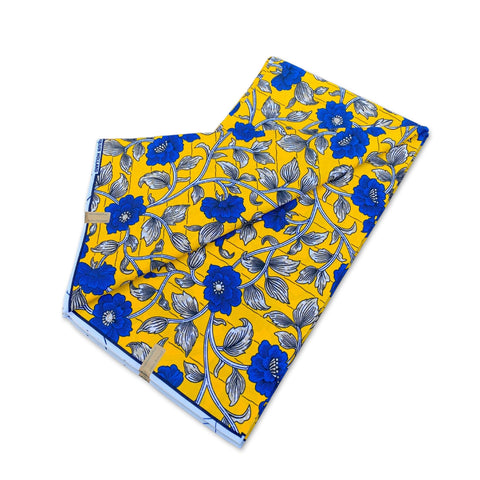African Wax print fabric - Yellow Blue Flowers