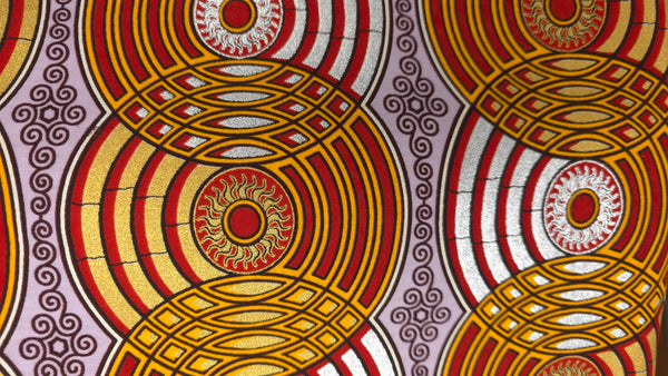 African Wax print fabric - Red Gold Retro Circles - Special effect Brillant Platinum Edition