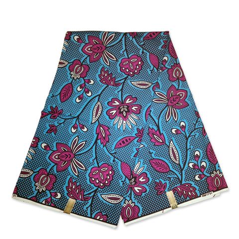 African Wax print fabric - Blue / Pink leaftrails