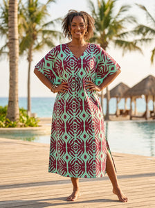 Boho rayon kaftan dress with waist strap - Burgundy Mint Tribal Mirage AfricanFabs Boho rayon kaftan dress with waist strap - Burgundy Mint Tribal Mirage AfricanFabs