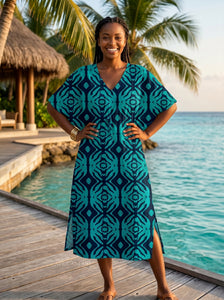 Boho rayon kaftan dress with waist strap - Turquoise Navy Ocean Mirage AfricanFabs Boho rayon kaftan dress with waist strap - Turquoise Navy Ocean Mirage AfricanFabs