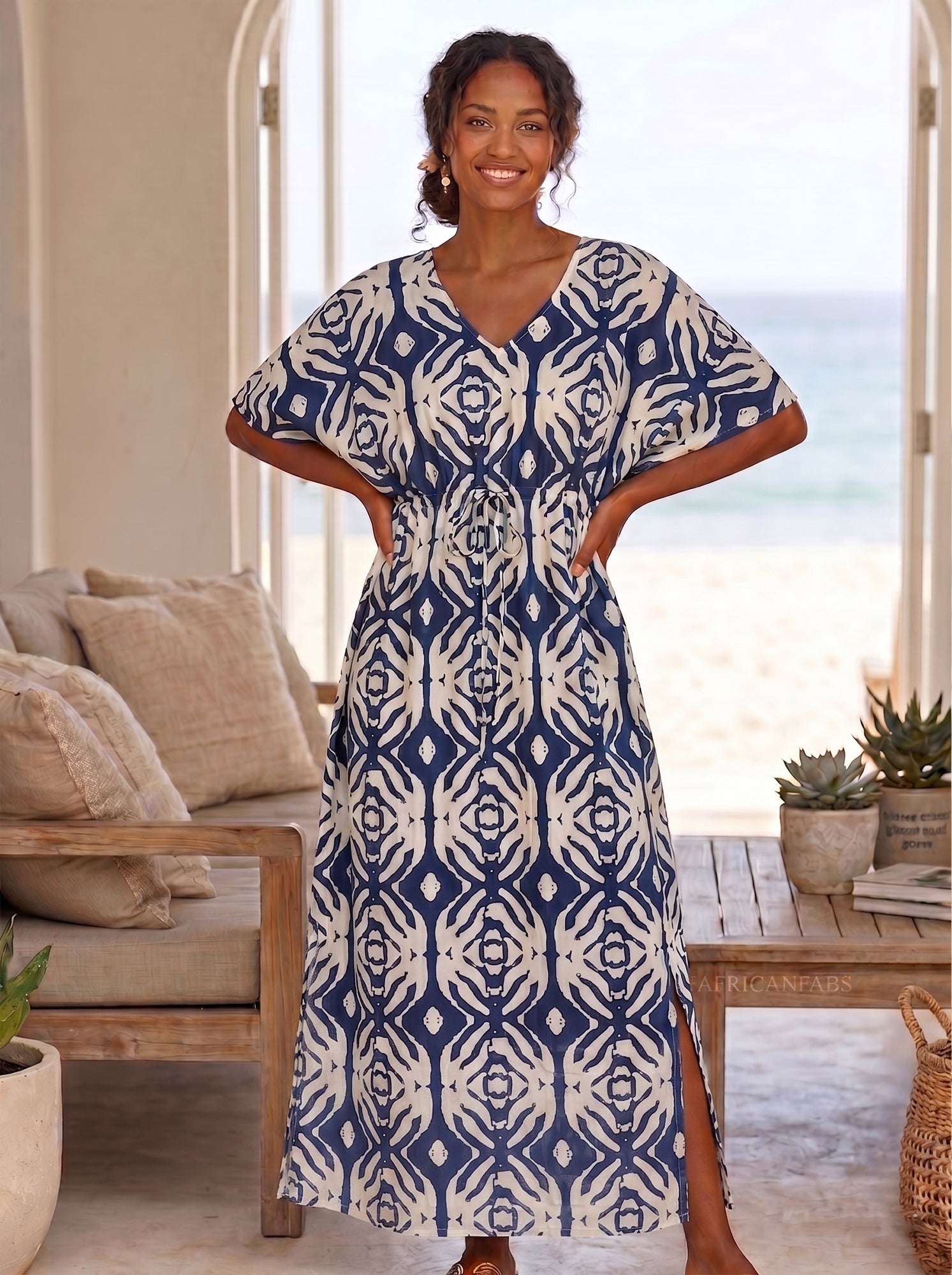blue and white kaftan dress Boho rayon with waist strap The Gelber Floral Maxi