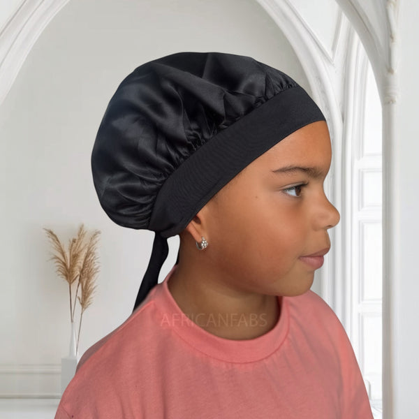 Black Satin Hair Bonnet with Tie Straps (Kids Children's size