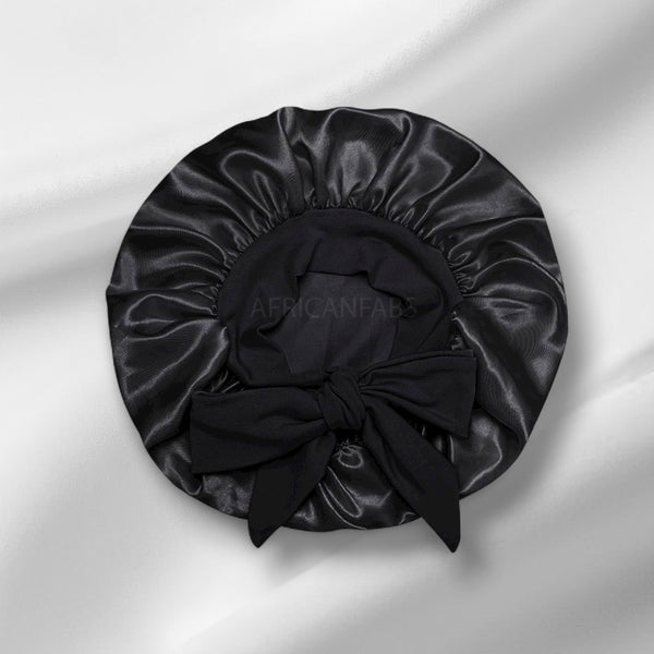 Black Satin Hair Bonnet with Tie Straps (Kids / Children's size 3-7 years) ( Satin Night sleep cap)