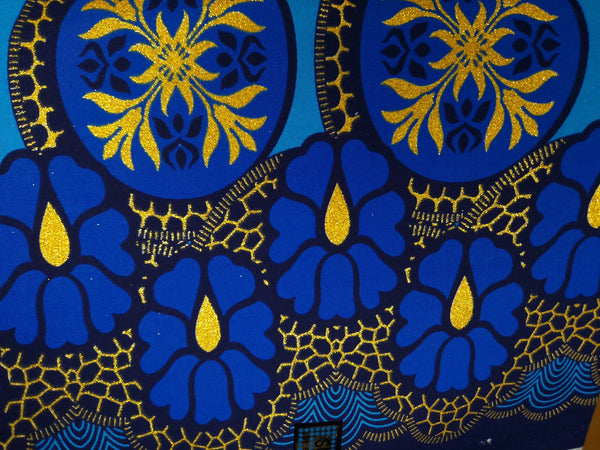 African print fabric - Exclusive Embellished Glitter effects 100% cotton - KT-3080 Gold Blue