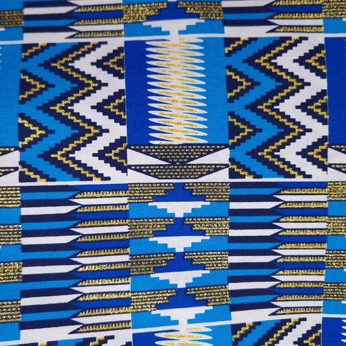 African print fabric - Exclusive Embellished Glitter effects 100% cotton - KT-3084 Kente Gold Blue