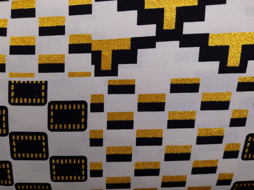 African print fabric - Exclusive Embellished Glitter effects 100% cotton - KT-3098 Kente Gold Black White