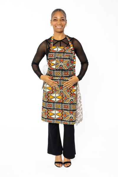 African print Apron - Red Orange Bogolan Symbols