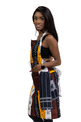 African print Apron - Dark Brown / Yellow Bogolan Symbols