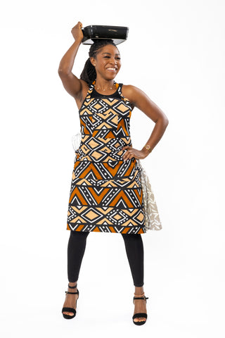 African print Apron - Brown Beige Bogolan