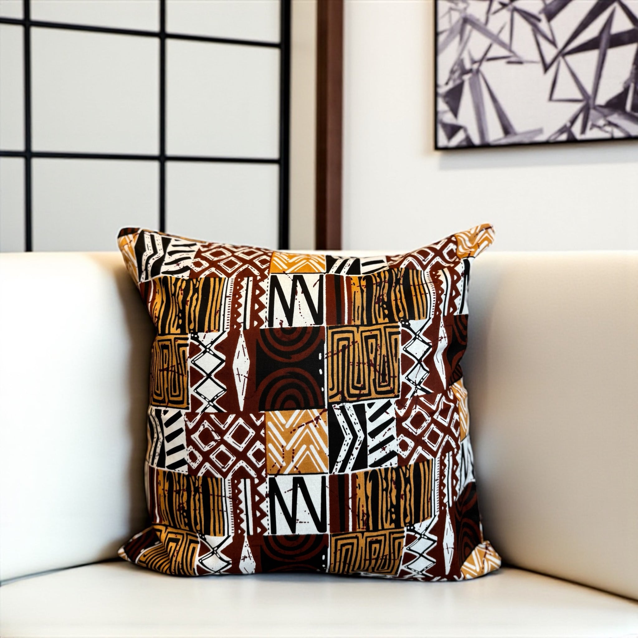 African pillow cover | Brown Bogolan Mosaic - Decorative pillow 45x45cm - 100% Cotton