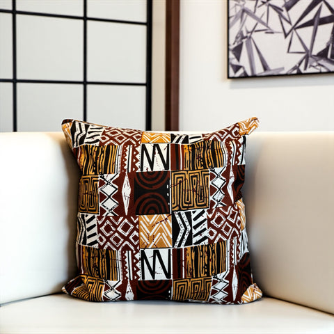African pillow cover | Brown Bogolan Mosaic - Decorative pillow 45x45cm - 100% Cotton