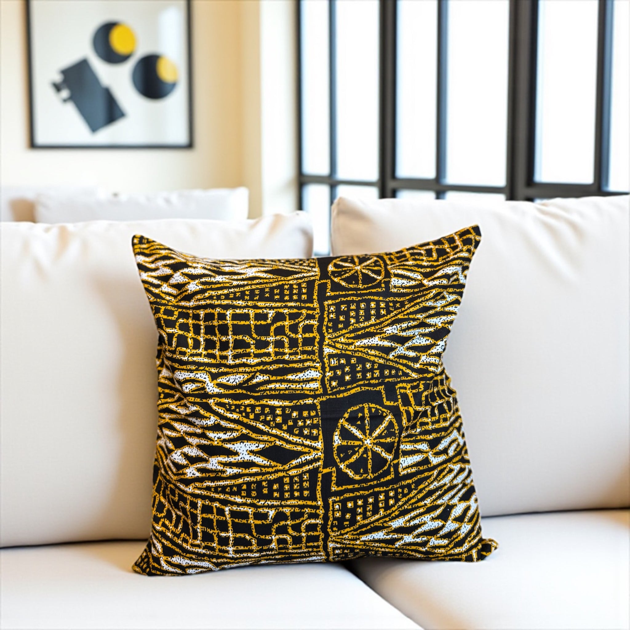 African pillow cover | Black Yellow Ndop Cameroon - Decorative pillow 45x45cm - 100% Cotton