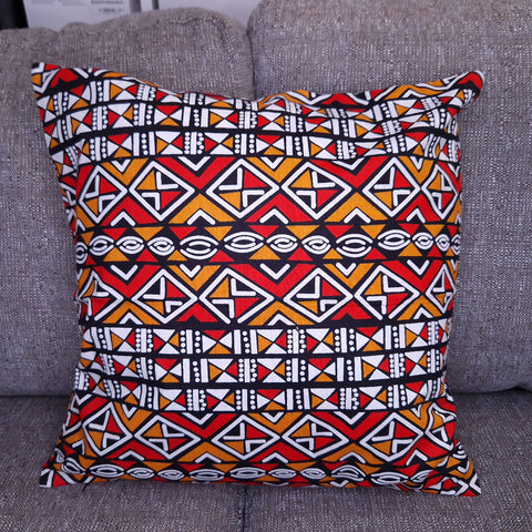 African pillow cover | Red / Orange Bogolan / Mud cloth - Decorative pillow 45x45cm - 100% Cotton