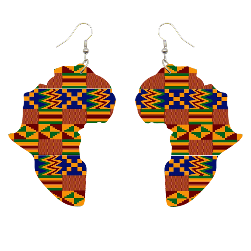 African Continent shaped Earrings Kente blue
