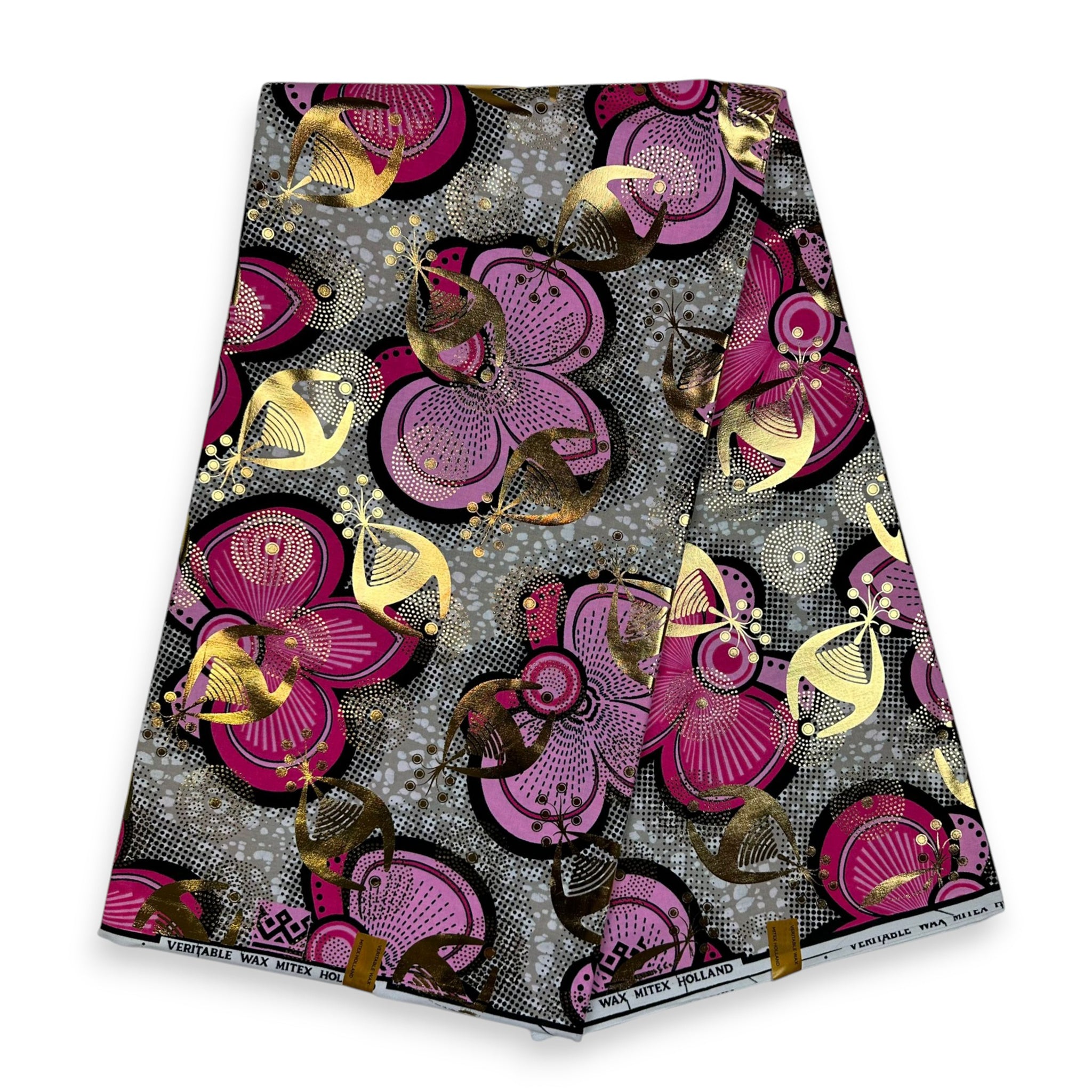 African Wax print fabric - Gold effects - Pink bows