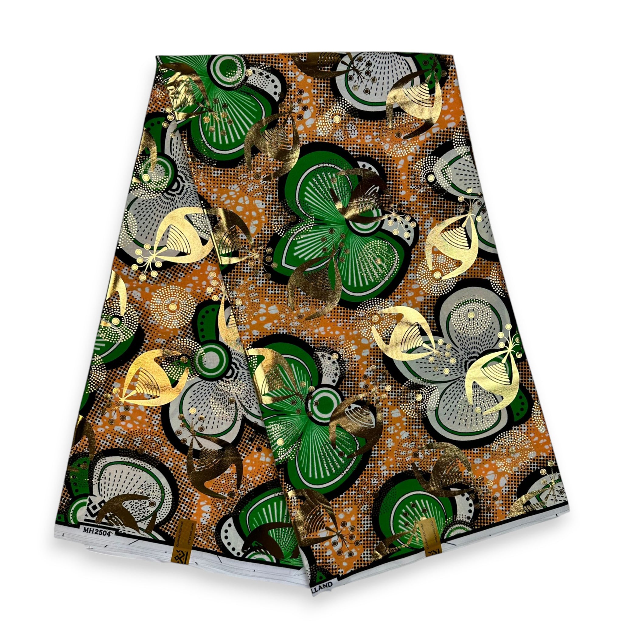 African Wax print fabric - Gold effects - Green bows