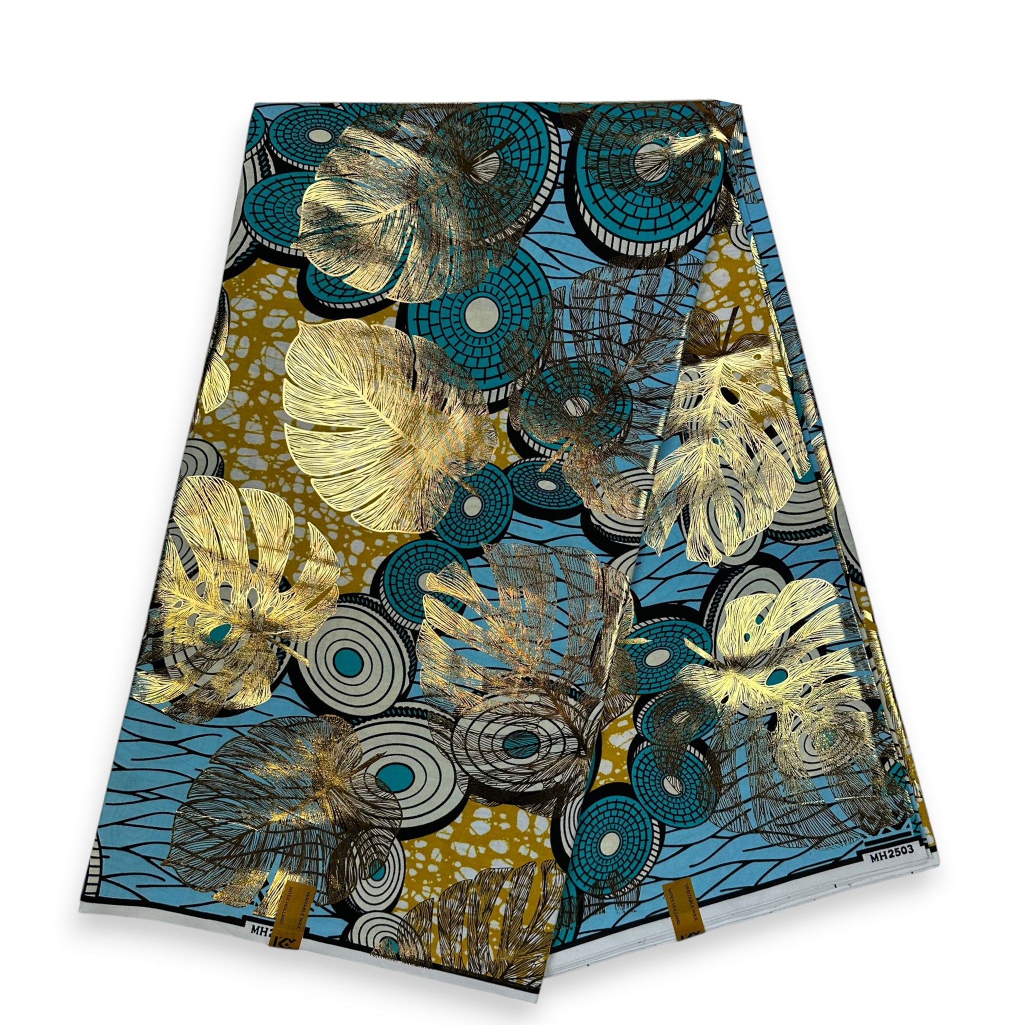 African Wax print fabric - Gold effects - Light blue disks