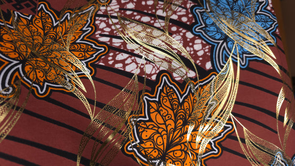 African Wax print fabric - Brown Gold Autumn Leaf - Special effect Brillant Platinum Edition