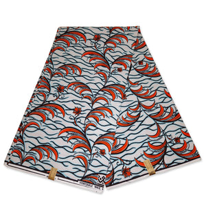 African Wax print fabric - White / orange branches