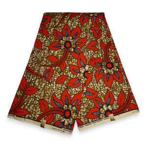 African print fabric - Mustard Red flower - Polycotton