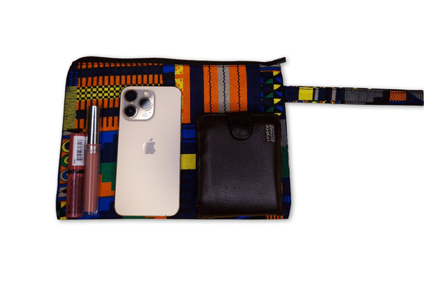 African print Makeup pouch / Pencil case / Cosmetic Bag / Coin Purse - Blue / Orange kente