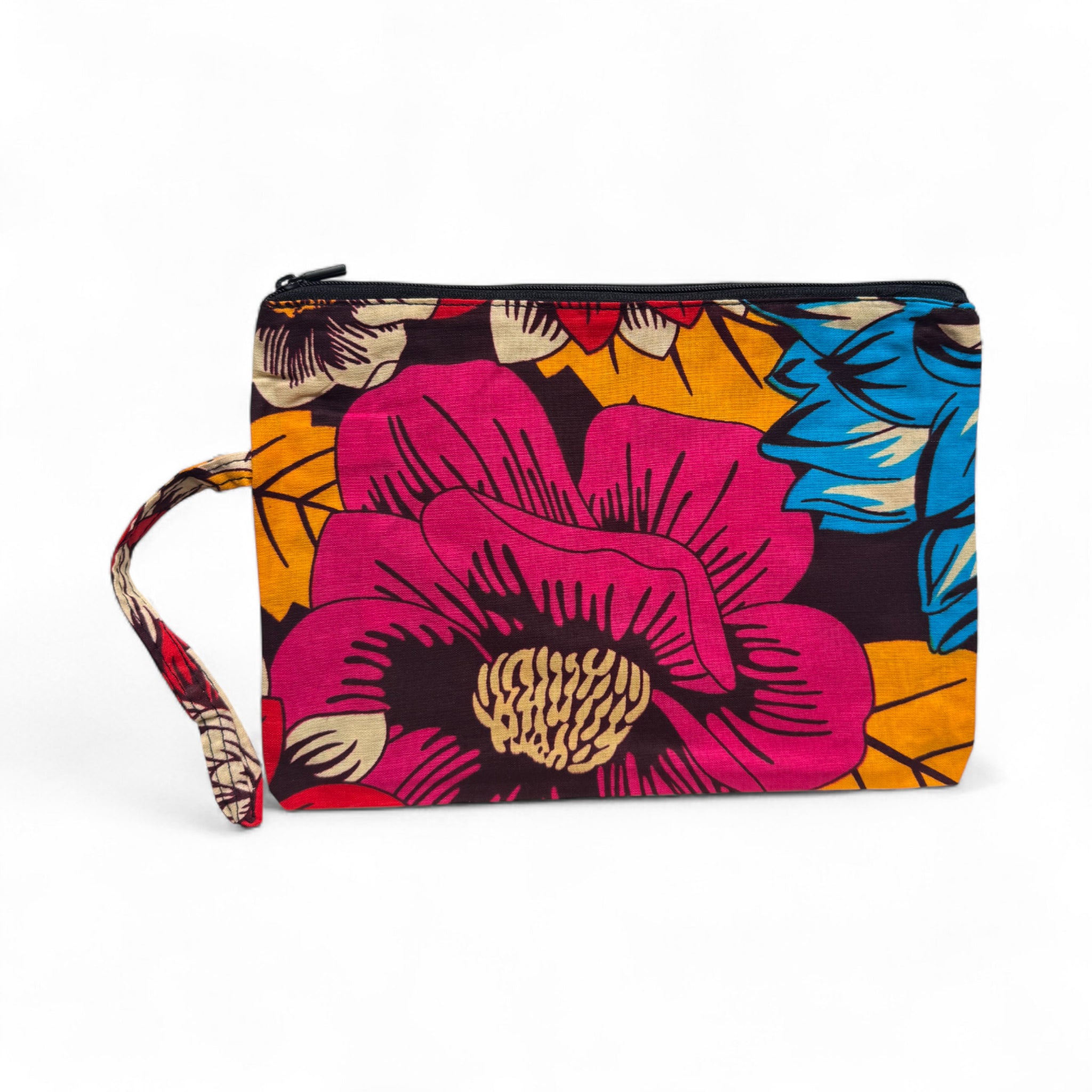 African print Makeup pouch / Pencil case / Cosmetic Bag / Coin Purse - Red & Blue Flowers