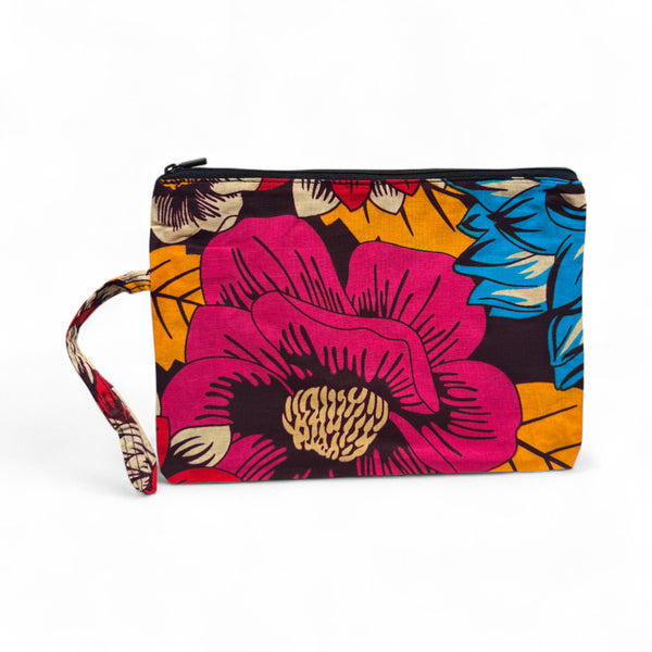 African print Makeup pouch / Pencil case / Cosmetic Bag / Coin Purse - Red & Blue Flowers