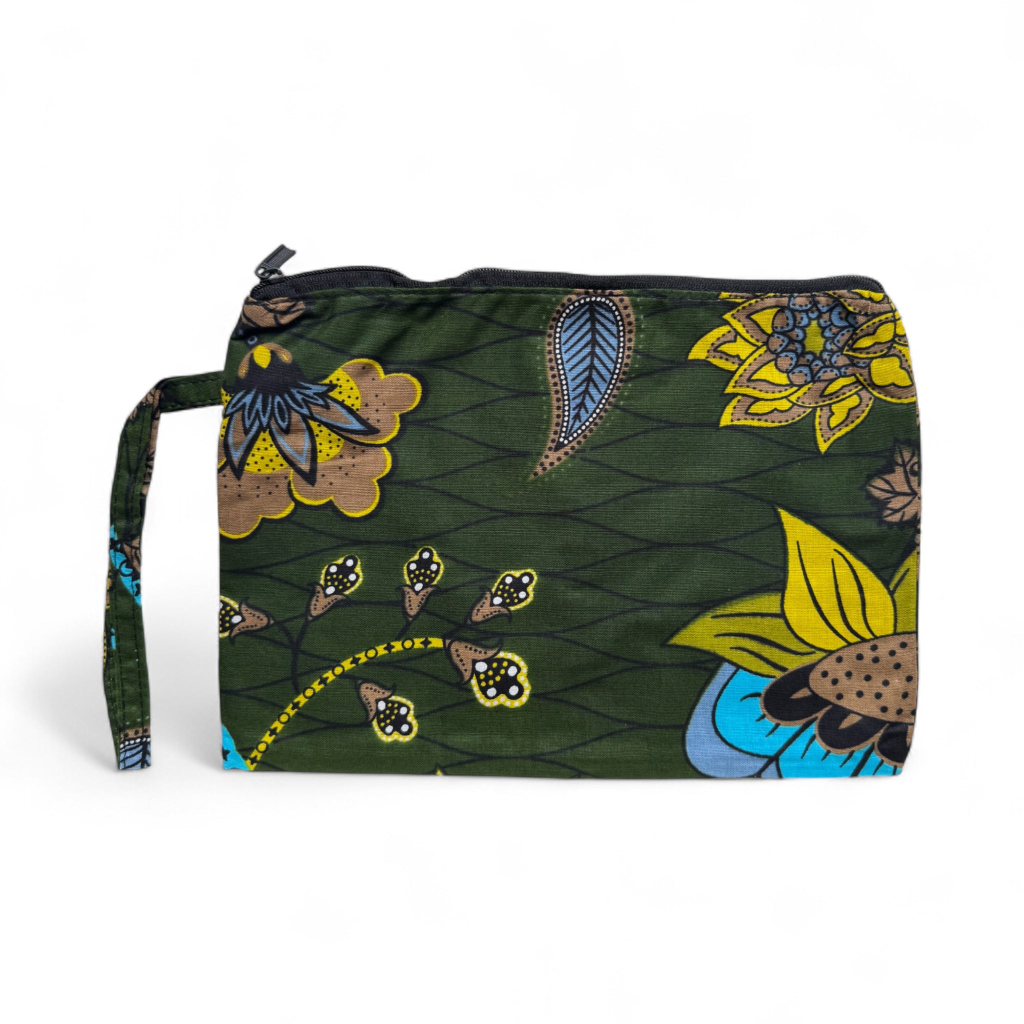 African print Makeup pouch / Pencil case / Cosmetic Bag / Coin Purse - Dark Green & Yellow Botanical Flow