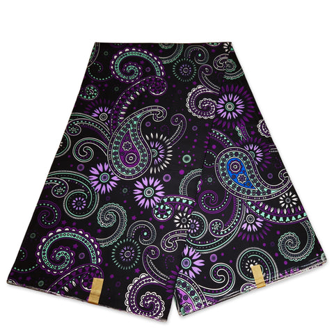 African print fabric - Black Purple Paisley - Polycotton