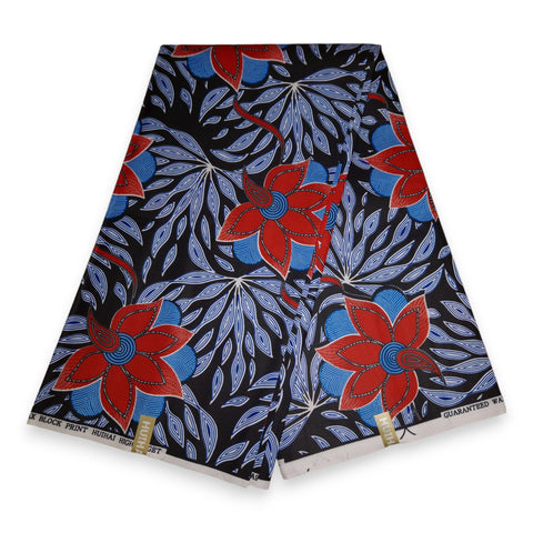 African print fabric - Black Red Flowers - Polycotton