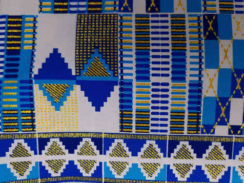 African print fabric - Exclusive Embellished Glitter effects 100% cotton - PO-5003 Kente Gold Blue